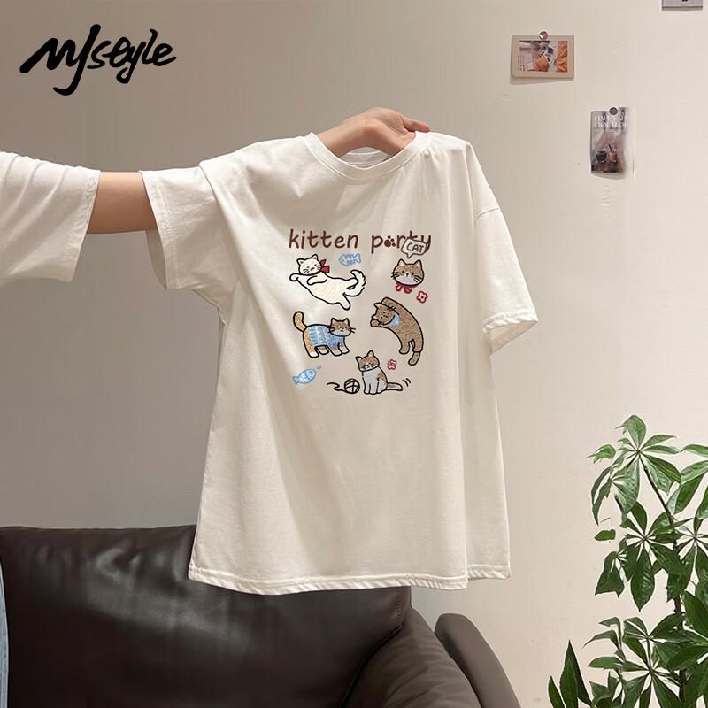 MJ STYLE Damen T-Shirt aus reiner Baumwolle mit Graffiti-Katzenmotiv