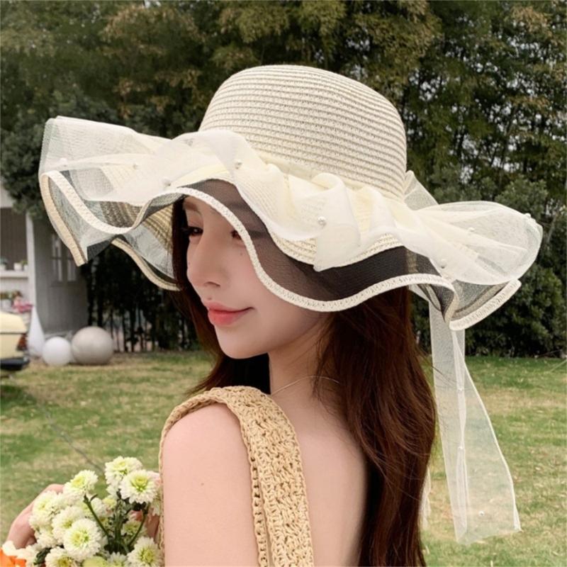 Elegant Sun Hat For Women Paper Straw Breathable And Foldable Lace Bowknot Wide Brims Panama Hat for Camping Travel