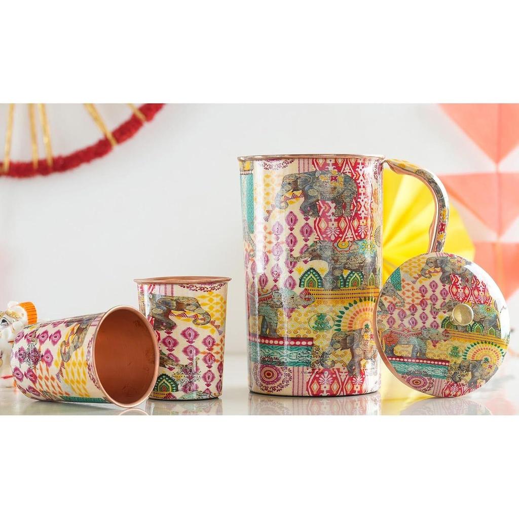 Meena Padharo Mhare Desh Theme Copper Gift Set of 1 Jug & 2 Glass - Perfect for Home, Office, and Gifting, Jug-1.5 Litre & Glass-270 ML Each