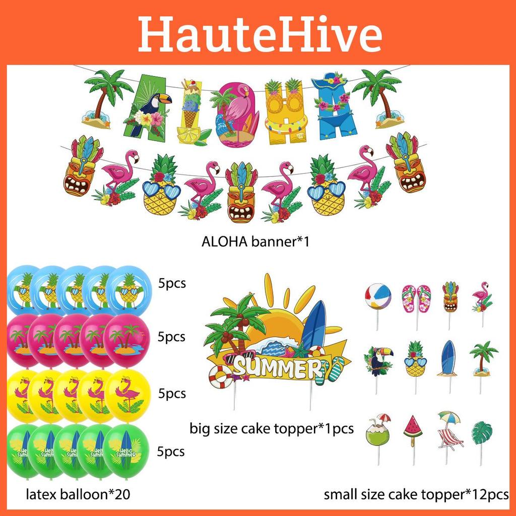 Summer Beach Party Supplies Set Cake Toppers Balloons Hawaiian Themed Decor