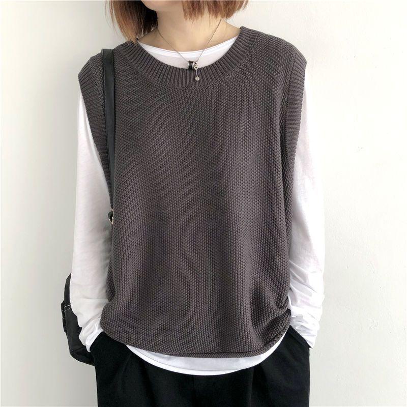 Women's Plus-Size Loose Knitted Vest Outer-Wear for Autumn and Winter Retro Versatile Crew Neck Pullover Sweater Gilet Cardigan