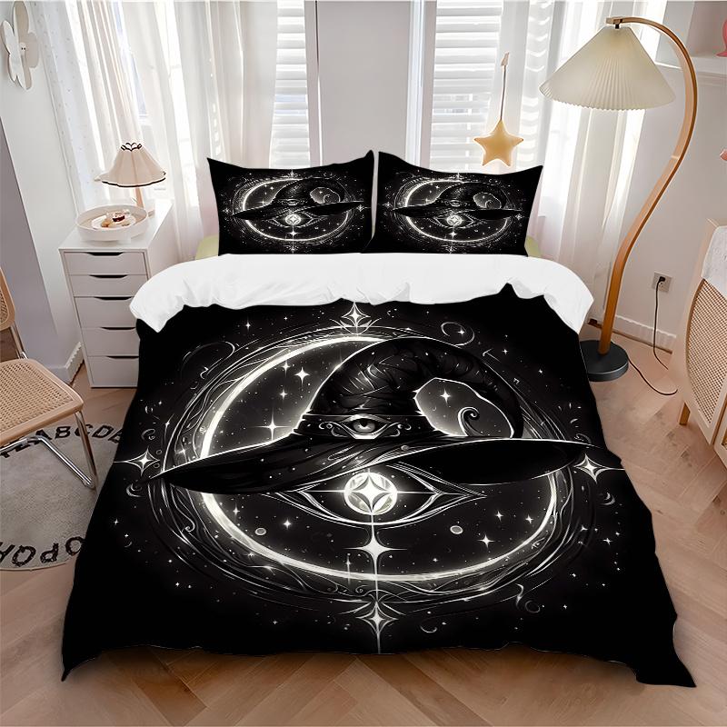 3pcs Witch's Hat Illuminated by Stars and Moonlight Bedding Set - Includes 1 Quilt Cover and 2 Pillowcases, Comfortable Bedding with Stylish Desi