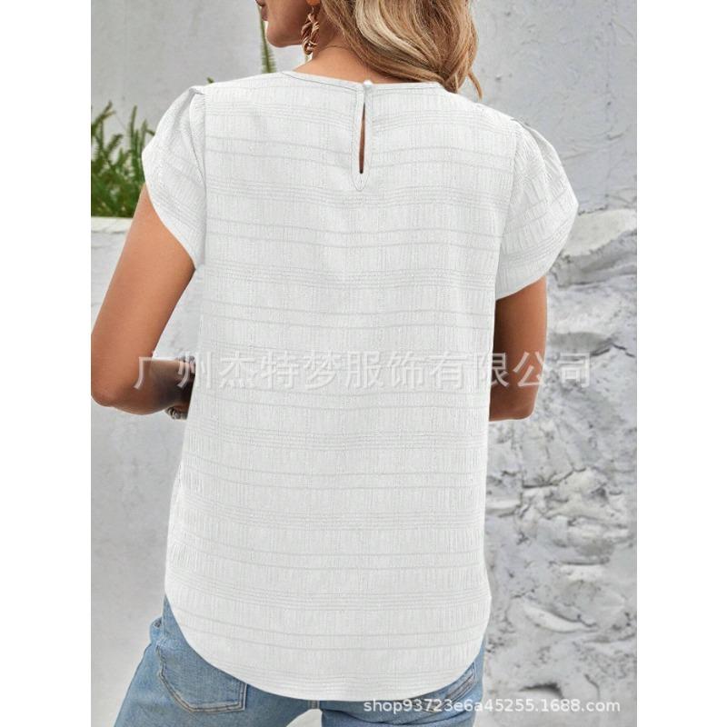 Damen Frühling und Sommer Neue Rundhals Blütenblatt Ärmel Temperament Kurzarm Tops
