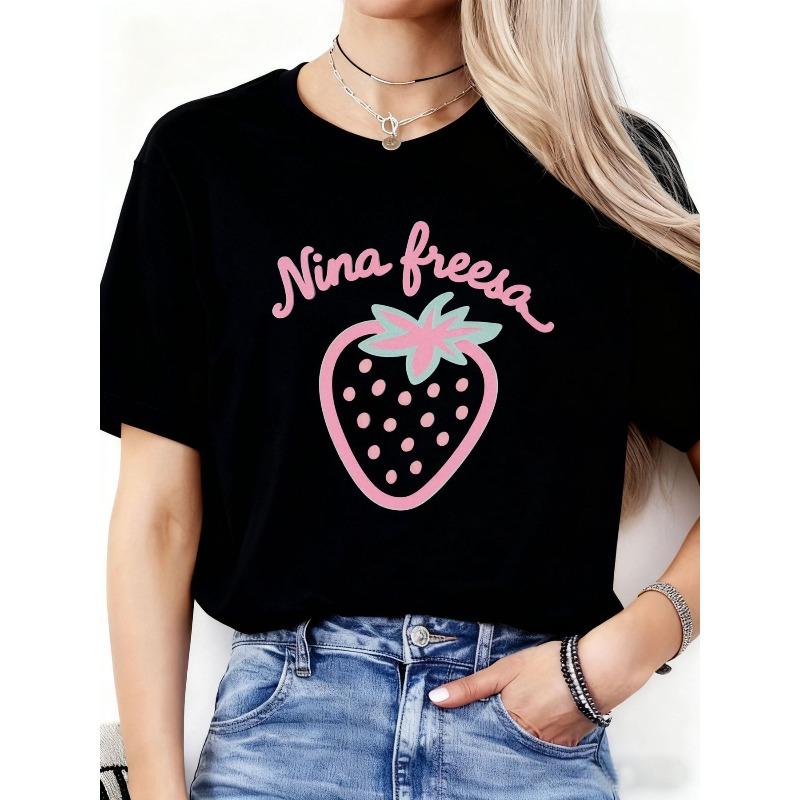 

Nina Freasa Y2K Strawberry Print Women s Black Tee Pink Cursive Green Leaf Casual Summer Top 4XL чорний