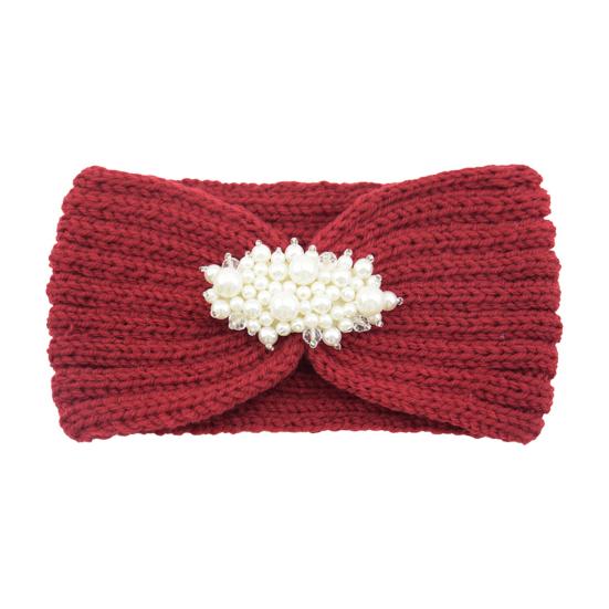 Knitted Headband Soft Stretchy Wide Band Hairband with Faux Pearl Headwrap Winter Hair Accents Solid Color
