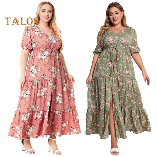 Nokdvo Casual Dresses For Women Short Sleeve Teacher Dress Floral Print Flowy Maxi Dresses Empire Waist Modest Patchwork Ruffle Hem Line Dress Fashion Of