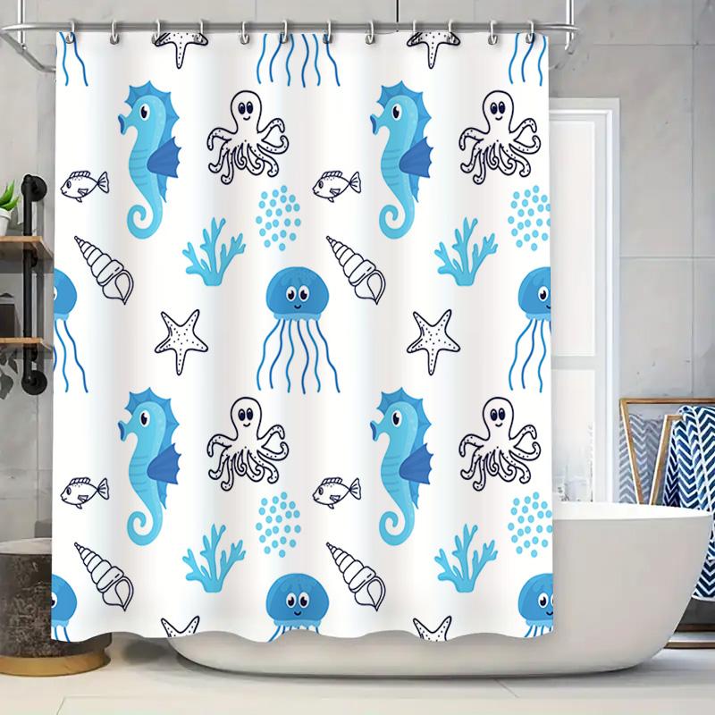 

Cute Sea Creature Shower Curtain Blue White Nautical Bathroom Decor For Kids Bathrooms Easy Install Hookless Liner 3D Printed Wa W60H190(CM)-1 Pcs