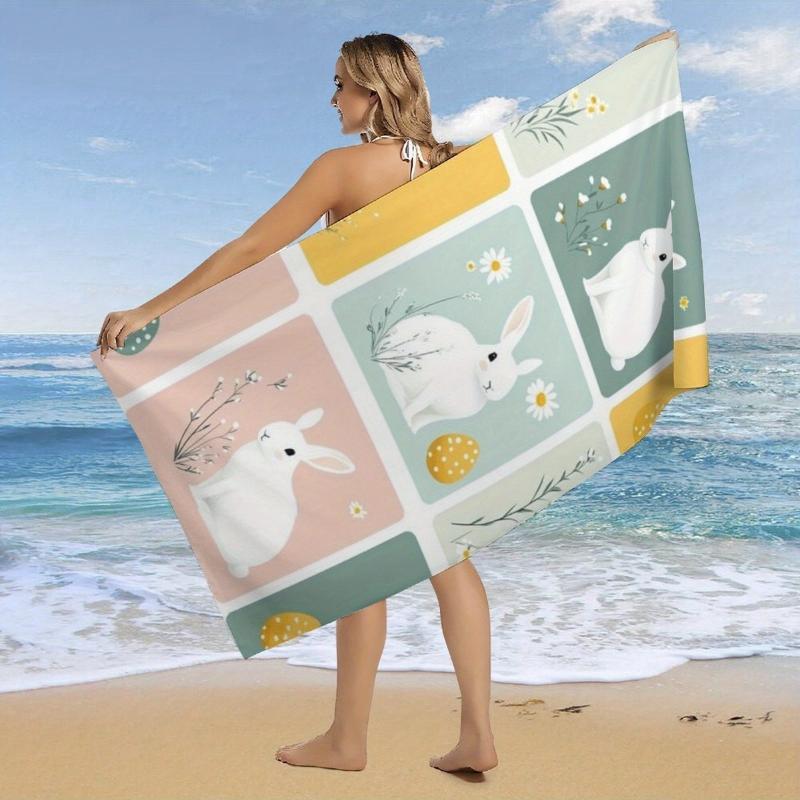 Easter Bunny Bath & Beach Towel Extra Large Quick-Dry Microfiber Towel,Pastel Bunny Grid Pattern with Floral accents Lightweight W30*H60(CM)
