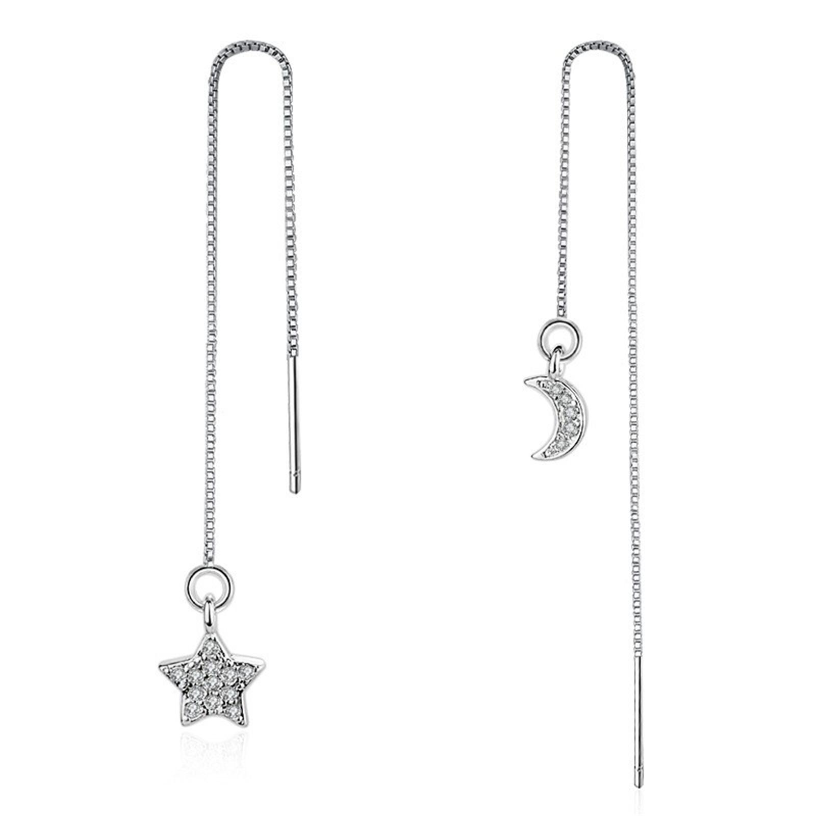 Diamond-studded Long Asymmetrical Star Moon Tassel Earwire Earrings One Size серебряный