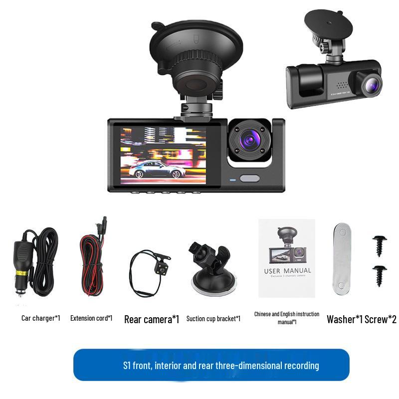High-Definition Dual-Lens Dash Cam with Wide-Angle Night Vision and WiFi for Front, Interior, and Rear Recording