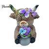 Cute Farmhouse Shelf Decorations Lavender Highland Cow Resin Figurine, Fluffy with Butterfly Bow & Floral Wreath, Romantic Room Atmosphere Decor