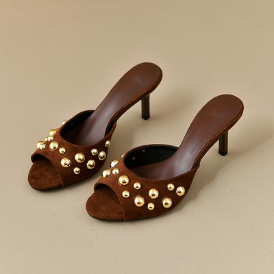 Nietenbesetzte Peeptoe-Mules Stiletto Slipper Goldene Nieten Dekor Klassische Sexy Damen Sommer Sandalen Kleid Party Täglich Lässig Einzelschuh