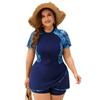Women Plus Size Two Piece Short Sleeve Zipper Tankini Swimsuit
