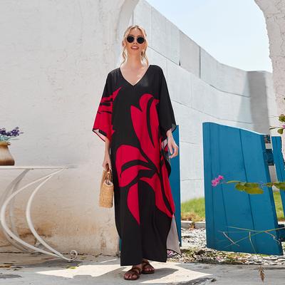 Women's Plus Size Cover-ups Printed Bat Sleeve Long Gown Loose Plus Size Holiday Beach Dress Bikini Outer Shirt