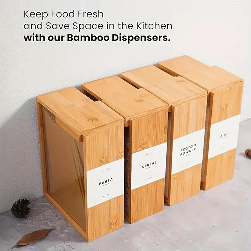 Bamboo Grain Storage Container Food Condiment Dispenser Transparent Sliding Lid Kitchen Storage Tank For Cereal, Rice, Flour