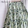 Prairie Chic Spring Summer Women Midi Skirt High Waist Green Floral Print Fresh Skirt Cotton Vintage Ladies' A-Line Skirt