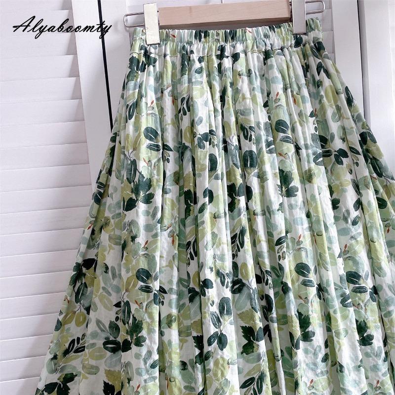Prairie Chic Spring Summer Women Midi Skirt High Waist Green Floral Print Fresh Skirt Cotton Vintage Ladies' A-Line Skirt