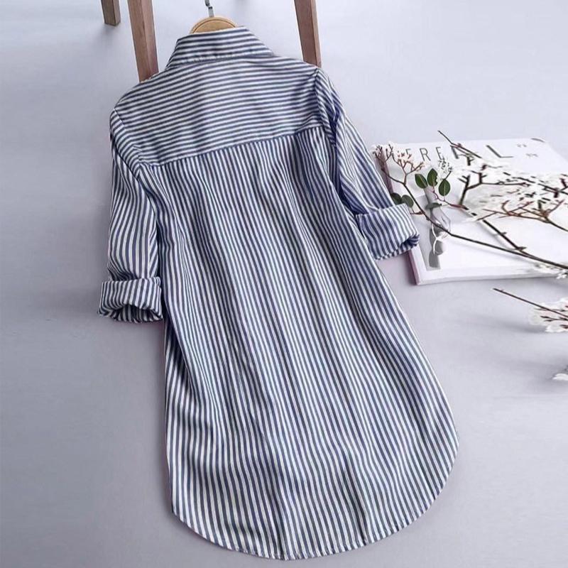 Gestreiftes, bedrucktes, langärmliges Damen-Hemd mit halben Knöpfen für den Sommer, lässig, tailliert