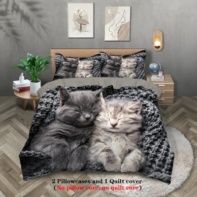 3-delige set in partnerstijl met schattige kattenprint 1 dekbedovertrek + 2 kussenslopen, huidvriendelijk, warm, ademend en machinewasbaar, beddengoedset