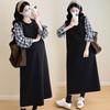 2026 Spring Korean Style Plaid Patchwork Maternity Hoodie Dress - Loose, Comfortable, Fake Two-Piece