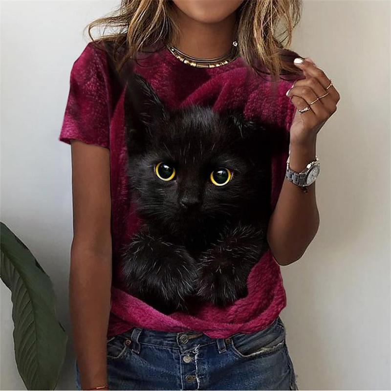 

Футболка с милым котом с 3D-принтом для женщин, забавные футболки с рисунком животных, летние свободные футболки в стиле Харадзюку с короткими рукавами и круглым вырезом XS
