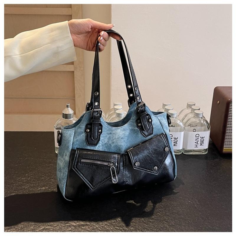 Vintage Euro-American Large Capacity Shoulder Bag New Crossbody Bag Patchwork Women Bag Minimalist Soft Leather Tote Bag