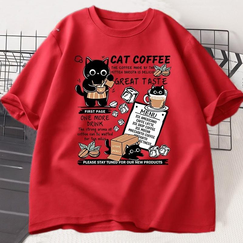 Funny Cat Make Coffe Print T Shirt for Unisex WOMEN Tshirt Summer Loose Cotton Short Sleeve Trendy Y2k Tops Unisexs Designer Clothes