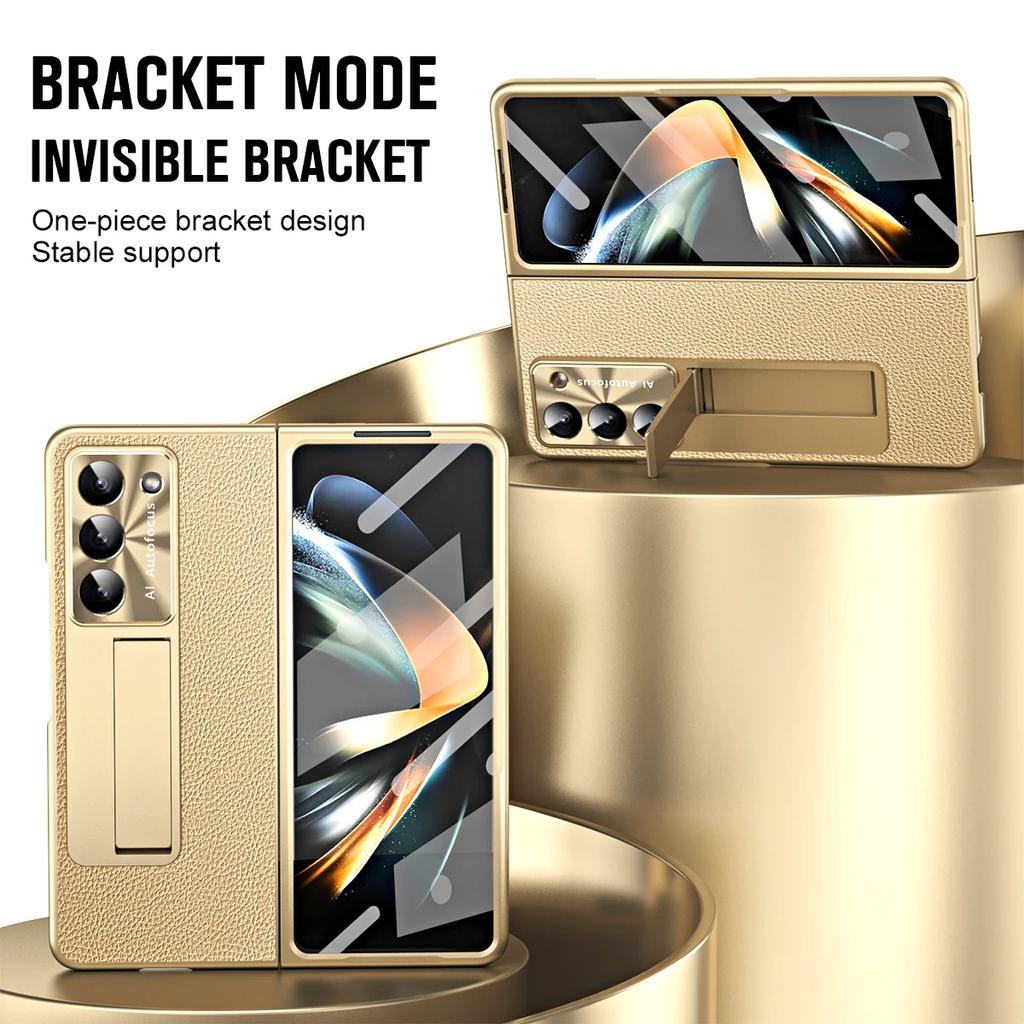 Plating Litchi PU Leather Glass Front Film with Pen Phone Case for Samsung Galaxy Z Fold 7 6 5 4 3 Hinge Protection Cover