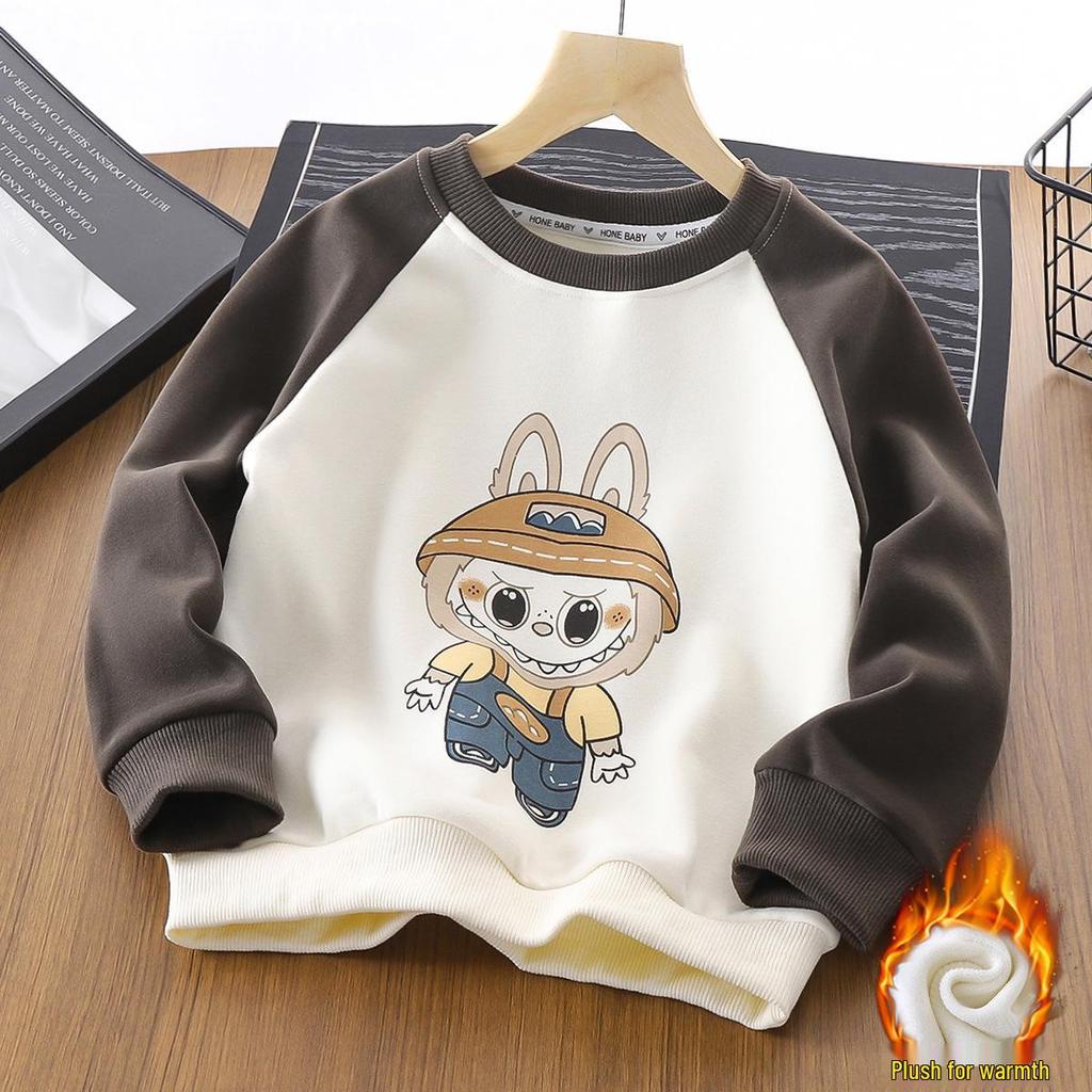 Children's Warm Cotton Sweatshirt - Autumn/Winter, Plus Velvet, Cartoon Long-Sleeve Top for Boys and Girls