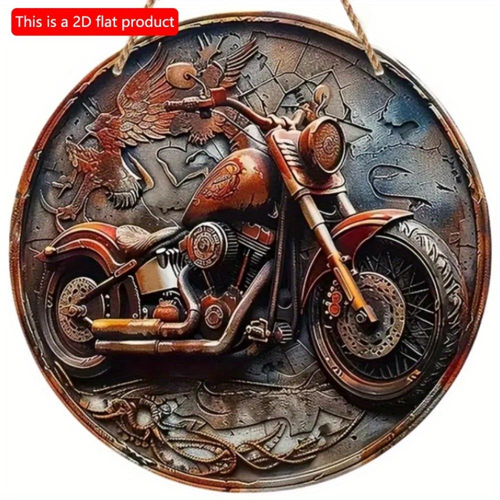 1pc 2d Flat Retro Motorcycle Circular Wooden Sign - 20cm, Suitable for Home Living Room, Bar, Caf É, Farmhouse Porch Decoration, Father's Day Gift