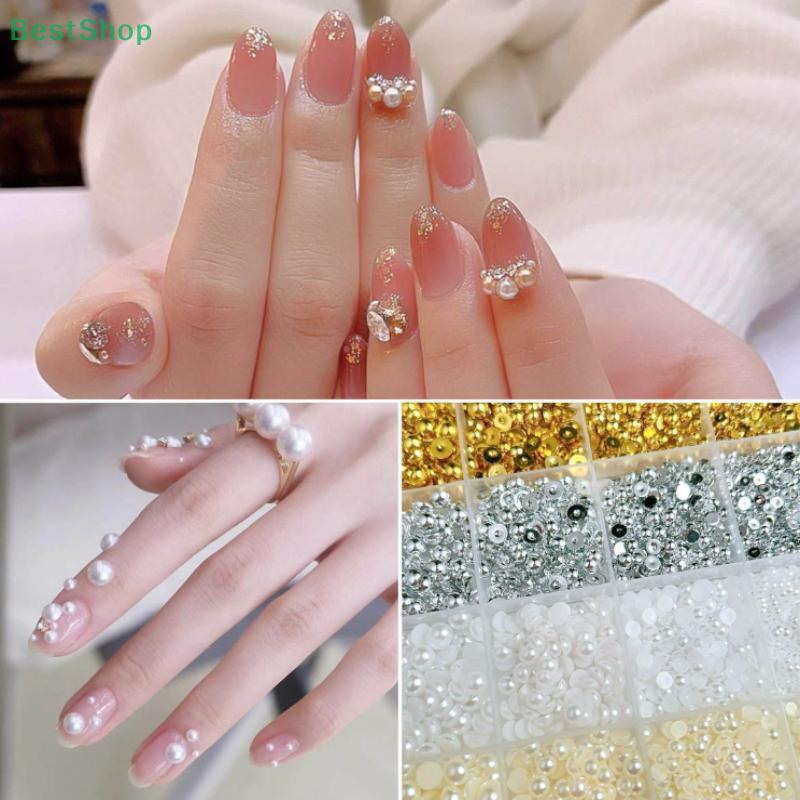12 Compartment/ Box Gold Silver ABS Semi-round Pearl Nail Art Decor Mix Manicure Salon Accessories