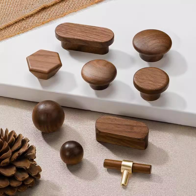 Black Walnut Wood Wardrobe Drawer Pulls - Solid Wood Handles for Children's Cabinet, Japanese Simple Light Luxury Design