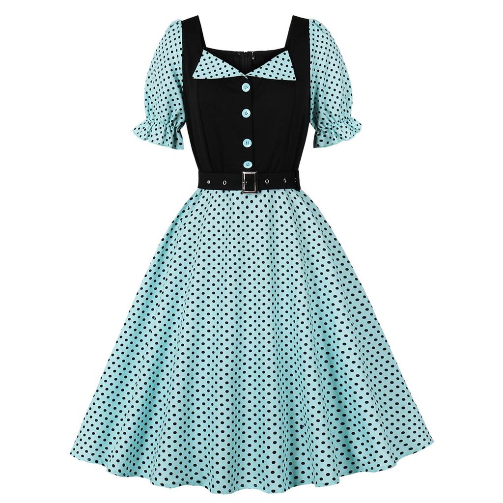 Women's  Literary Retro Suit Collar Polka Dot Short Sleeve Dress With Big Swing Skirt
