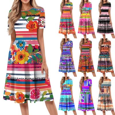 Robe Longue Décontractée Imprimée à Col Rond et Manches Courtes pour Femmes