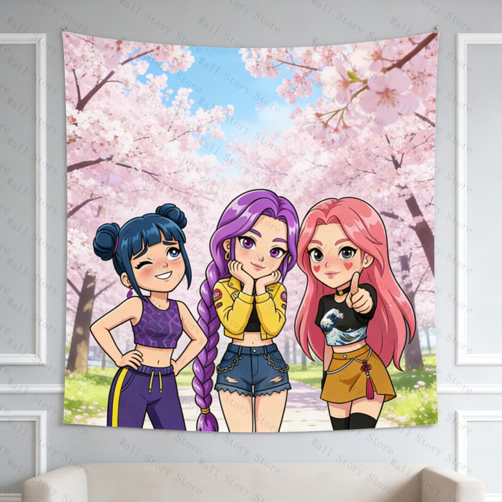 Anime Trio Girl Tapestry Cartoon Wall Hanging Bohemian Aesthetic Decor for Bedroom Living Room Dorm Multiple Scene Use Tapestry