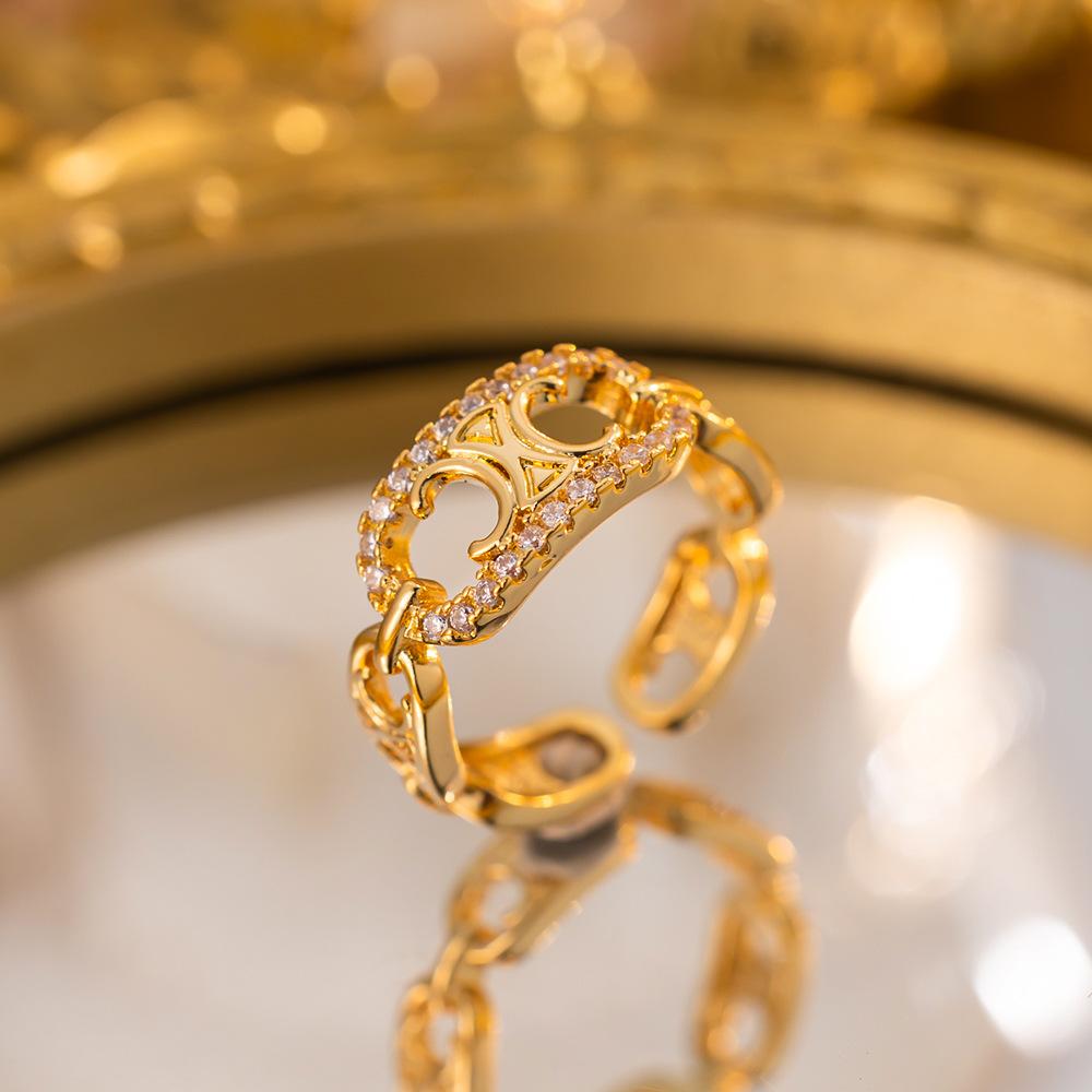 Exquisite super flash zircon ring for girls, light luxury, high-end sense opening adjustable ring, simple real gold electroplating