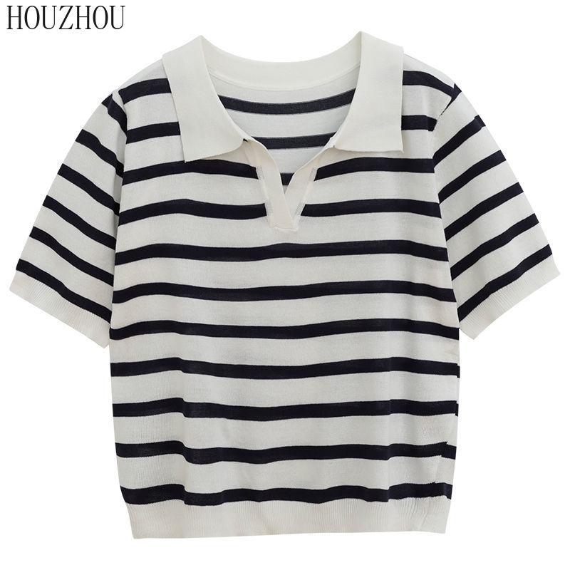 

Короткий в язаний светр HOUZHOU Жіноча смугаста футболка з поло-коміром і короткими рукавами для офісних жінок у корейському повсякденному стилі, вінтажний топ XL чорний