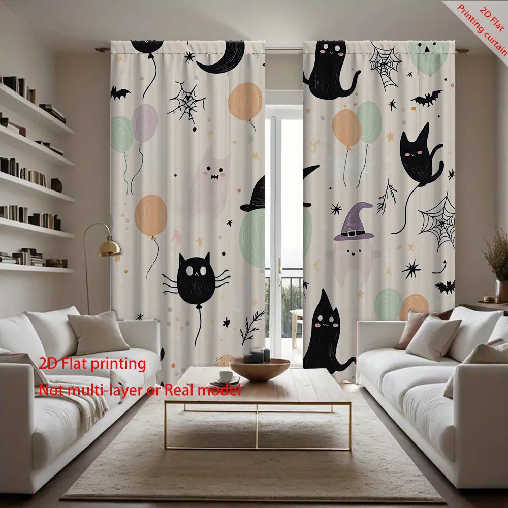 2PC Home Halloween Pumpkin Cat Ghost Pattern Digital Printed Curtains with Landscape Background and Pole Bag Curtains, Kitchen,