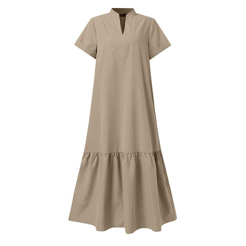 Spring and Summer Fashion Women's Dress: Stand-up Collar Short-sleeved V-neck, Loose Front Opening, Fishtail A-line Long Dress