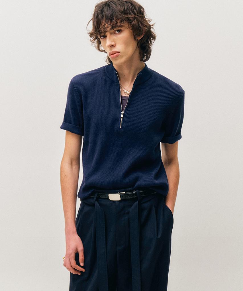 NOIRER Ribbed Zip-Up Half Knit (Navy)