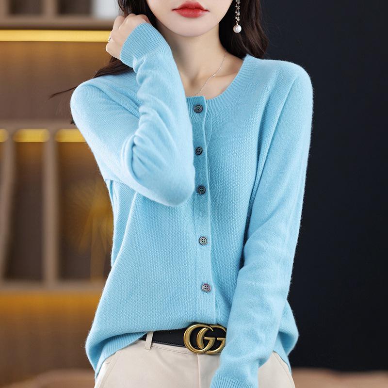 Women's Round Neck Knit Cardigan - Korean Style Loose Sweater, Garter Stitch Outerwear for Spring and Autumn