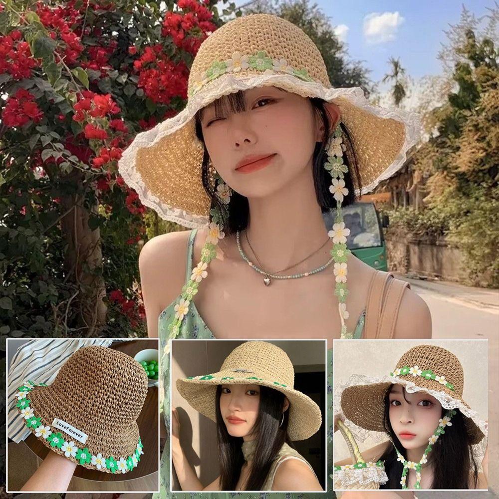 Breathable Flower Straw Hat Lace Trim Beach Hat Women Visor Bucket Hat  Seaside Vacation