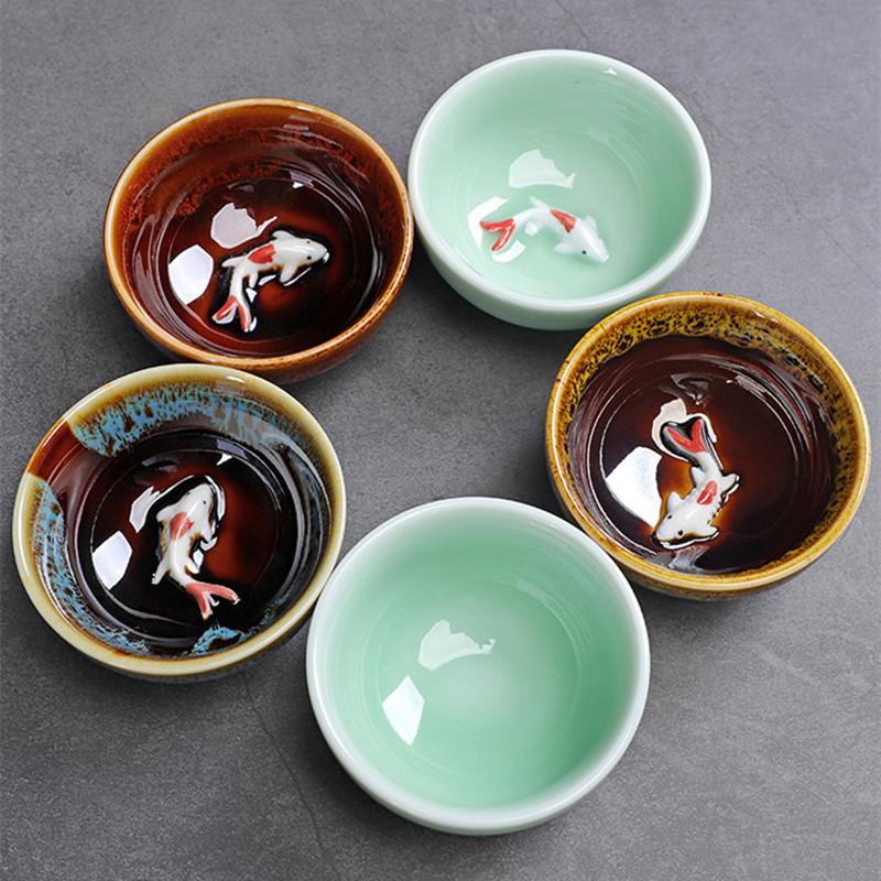 Celadon Fish Cute Teacup, Chinese Kungfu Tea Cup, Home Office, 3Pcs Set