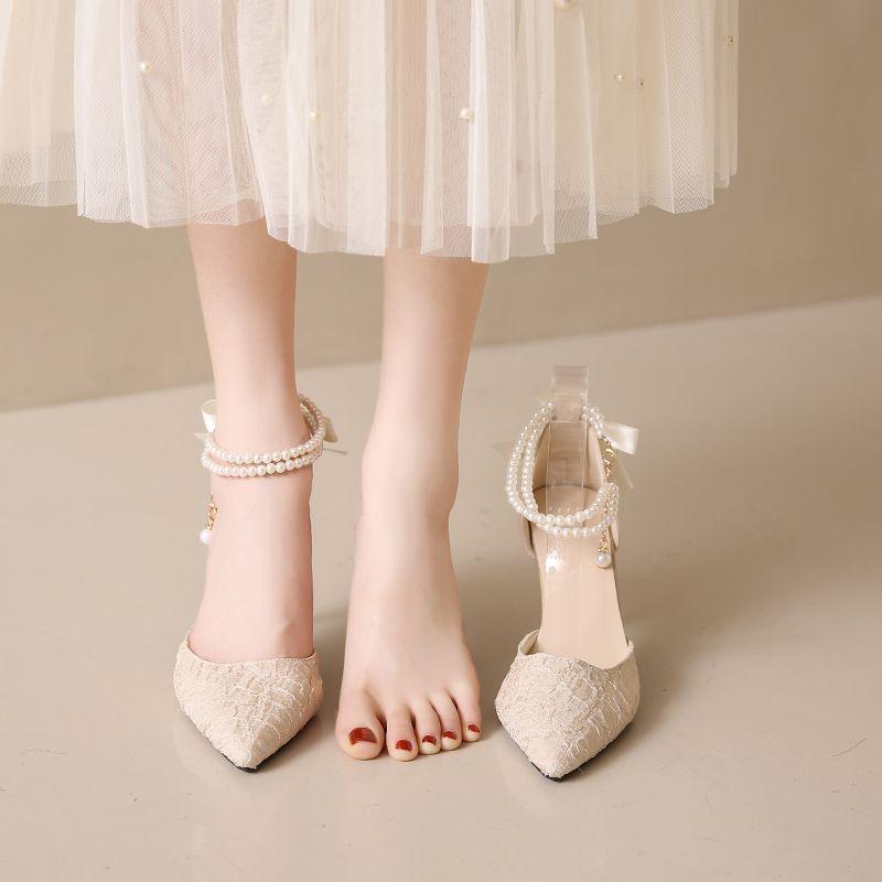 Girly temperament fresh hollow pearl single shoes 2025 new spring and summer fairy high heels women's skirt stiletto