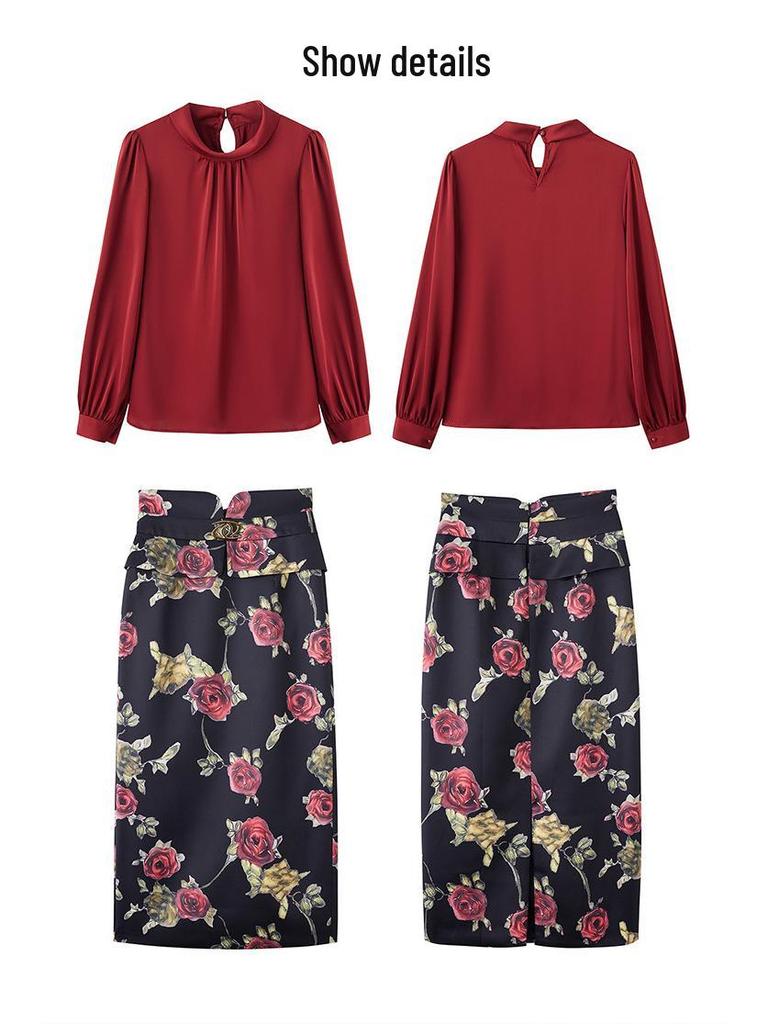 2025 Spring Fashion Slim Fit Long-Sleeve Shirt & Midi Skirt Set