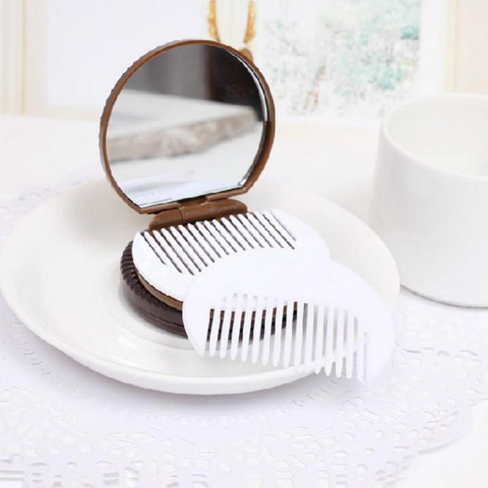 Chocolate Cookies Folding Makeup Mirror Women's Portable Bag Portable Makeup Mirror Creative Mirror Comb Set