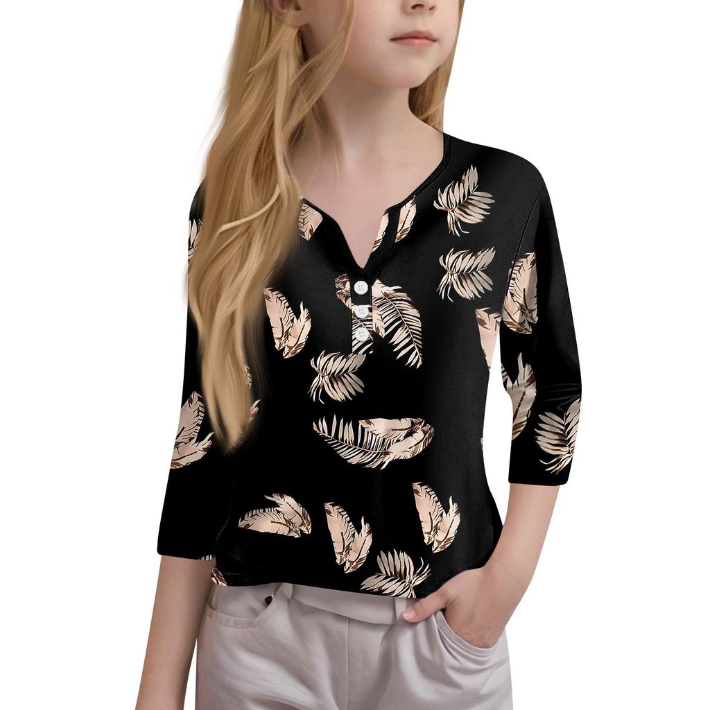 Girls Casual Fashion Tops Printed Seven Sleeve T-Shirt With Buttons
