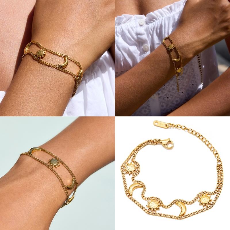 Double Layer Sun and Moon Design Stainless Steel Chain Bracelet Fashion Wrist Accessory Suitable for Everyday Wear