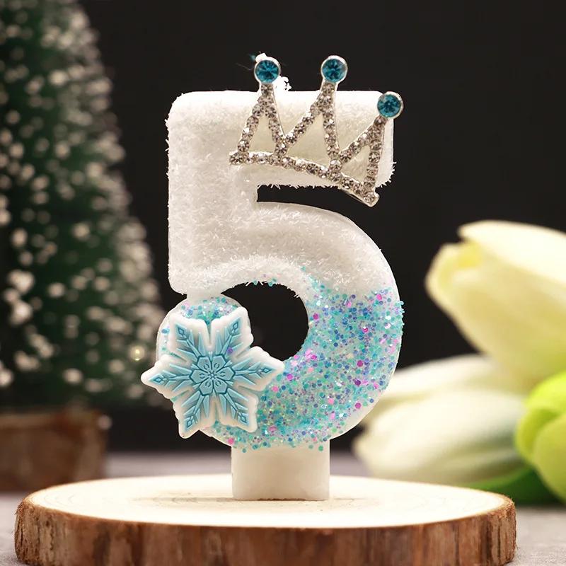 0-9 Birthday Digital Number Candle Cake Snow Crown Cake Topper Baby Shower Decor Birthday Party Supply Blue Crown