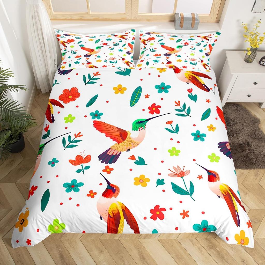 Hummingbird Floral Duvet Cover Birds Bedding Set Blue Green Spring Wild Animals Botanical Comforter Cover Polyester Quilt Cover